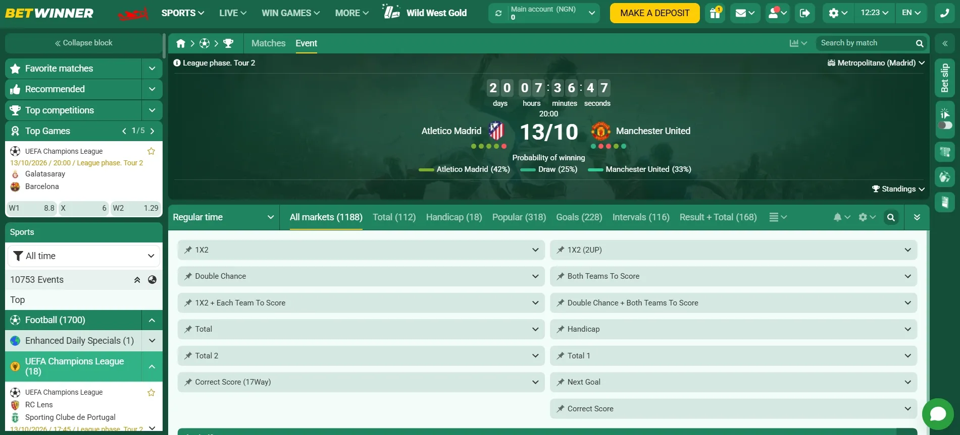 Betwinner football markets for Atletico Madrid vs Manchester United