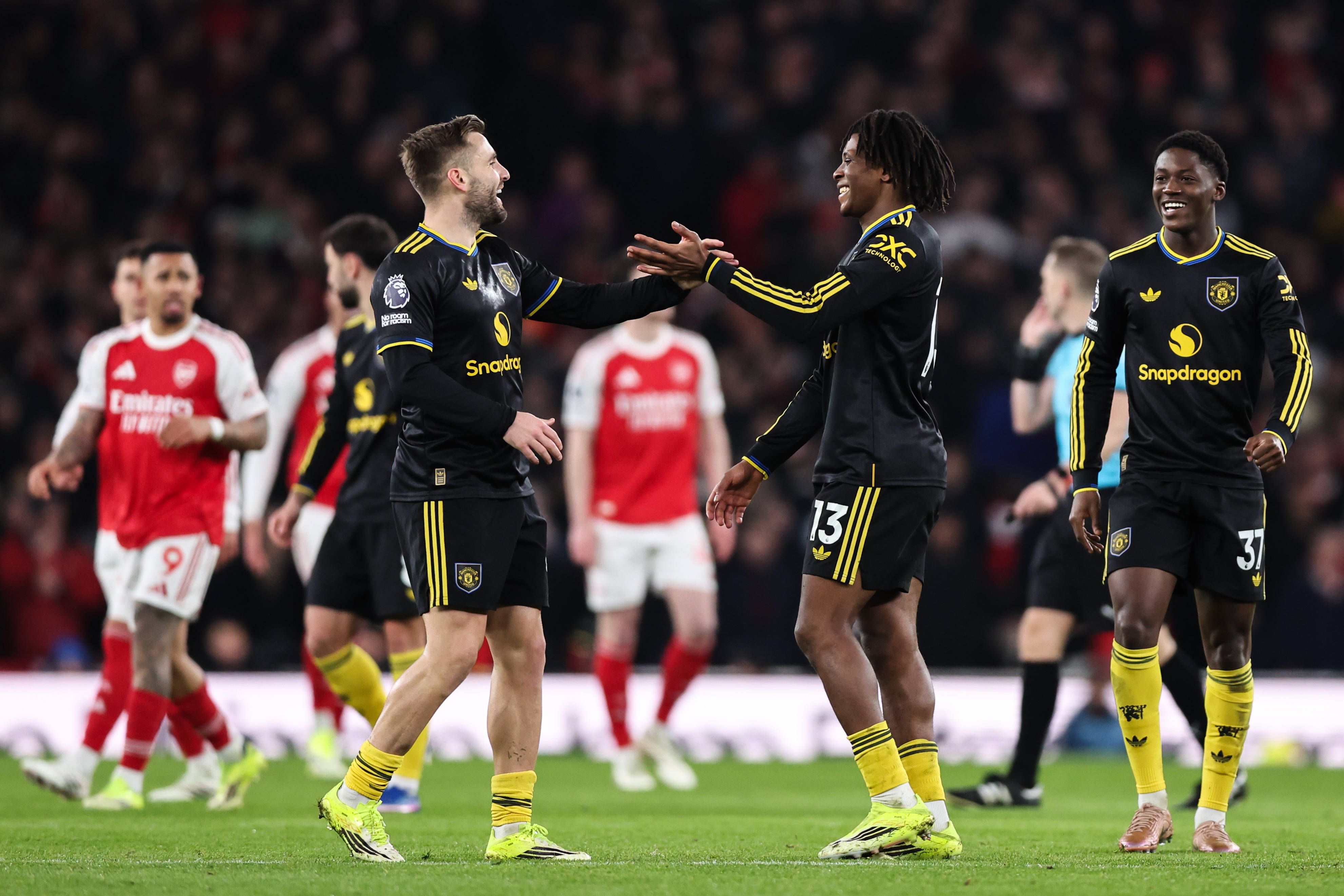 Patrick Dorgu celebrates his goal to make it 1-2 during the Arsenal vs Manchester United Premier League match