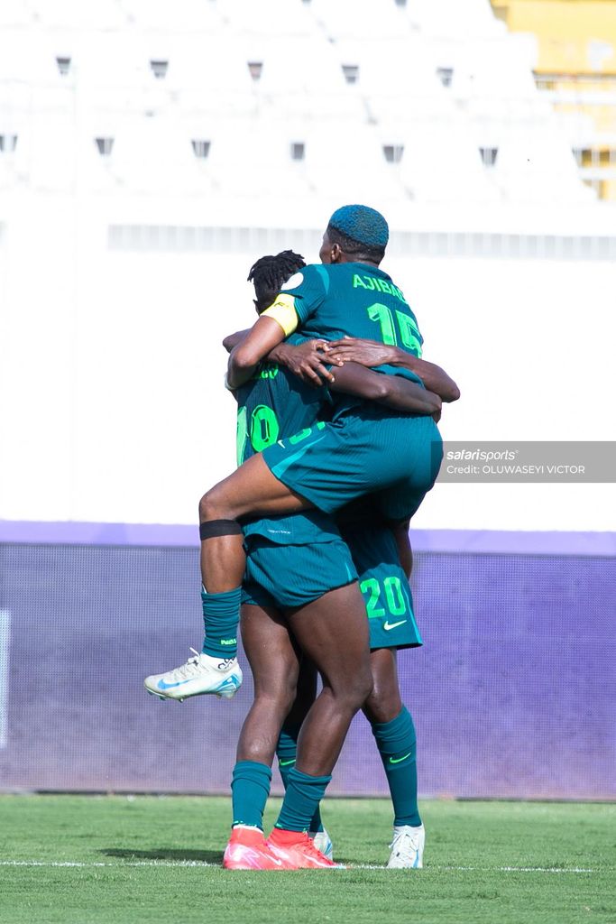 Rasheedat Ajibade is celebrating Nigeria's second goal against Zambia in the WAFCON 2024 quarter-final. [Photo Credit/ X].