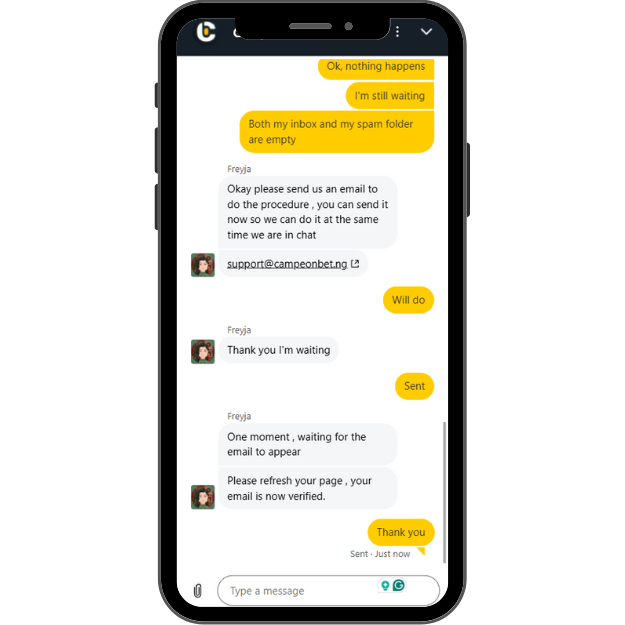 Campeonbet customer support live chat assisting with email verification during account registration.