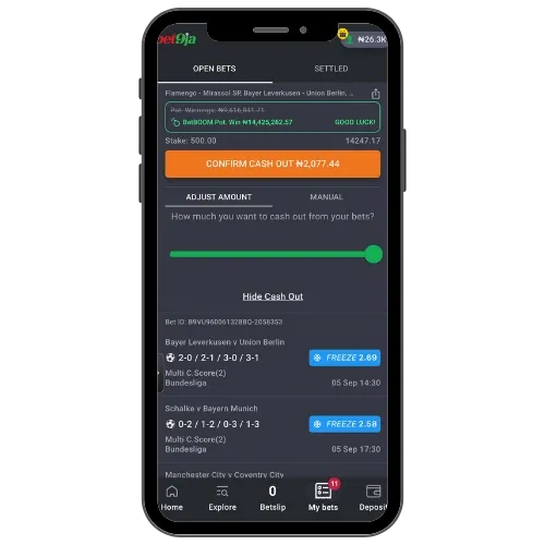 Bet9ja cash out feature for an in-play bet