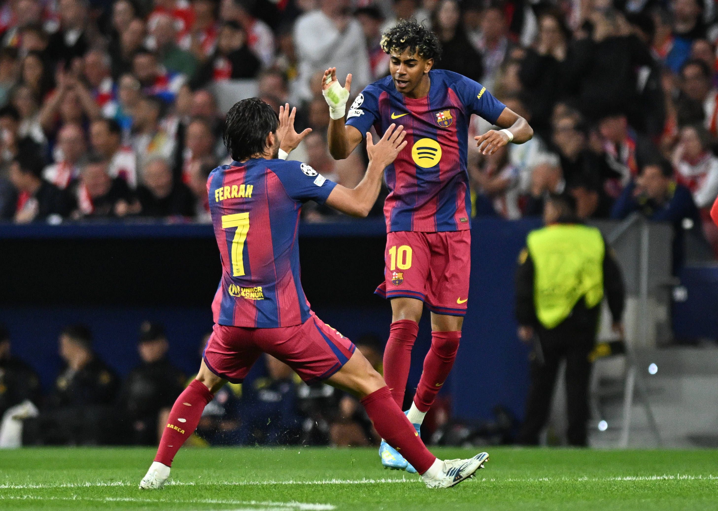 Lamine Yamal of Barcelona celebrates after scoring against Atletico Madrid