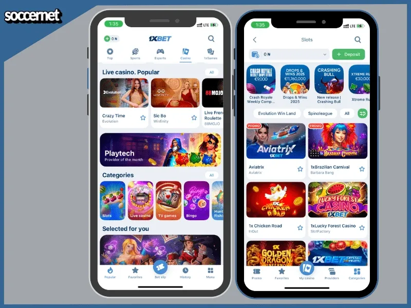1xBet mobile app interface showing casino lobby with live casino games, slots, and featured game categories