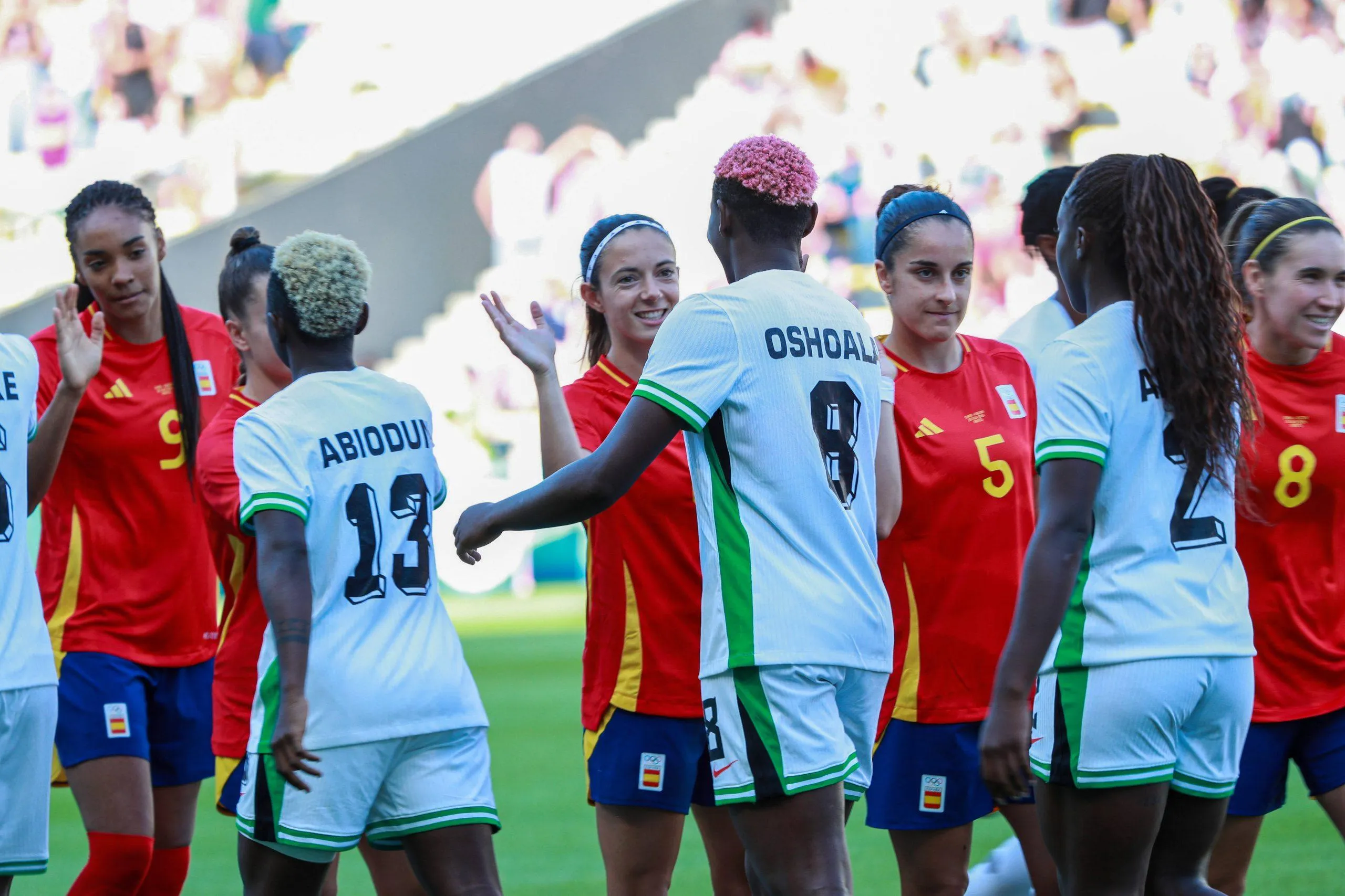Asisat Oshoala, Deborah Abiodun, Michelle Alozie of Nigeria and Salma Paralluelo, Oihane Hernandez, Mariona Caldentey of Spain during the Paris Olympics 2024 Women s Group C match between Spain and Nigeria