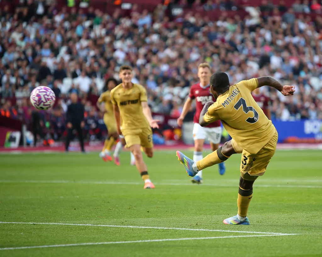Tyrick Mitchell scores the winning goal via a volley during the Premier League game between West Ham United and Crystal Palace at London Stadium in London, England