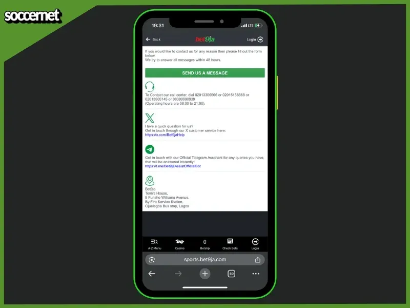 Bet9ja customer support review of options to contact them.