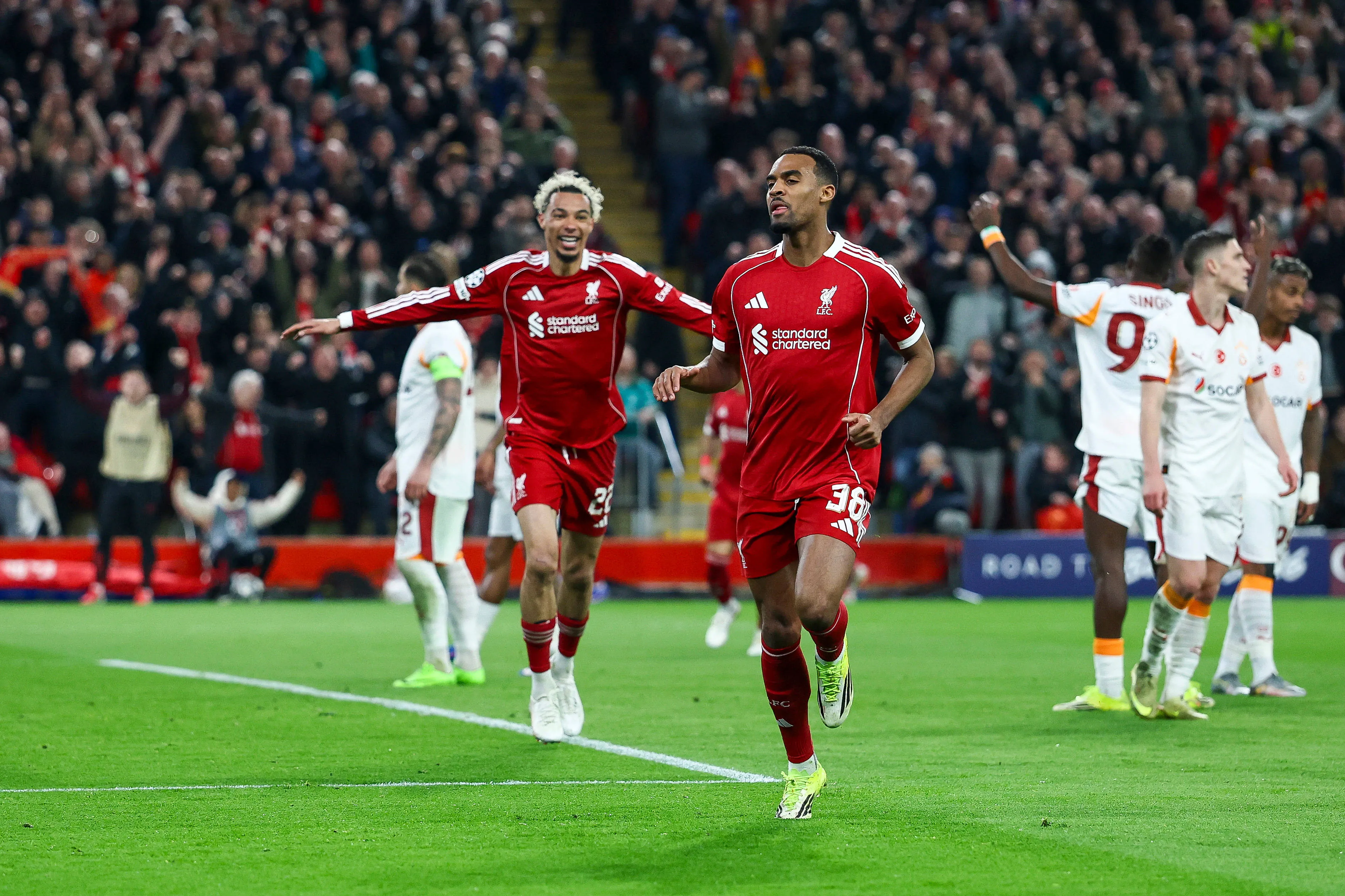 Ryan Gravenberch scores and celebrates 3-0 during the Liverpool v Galatasaray S.K. UEFA Champions League match