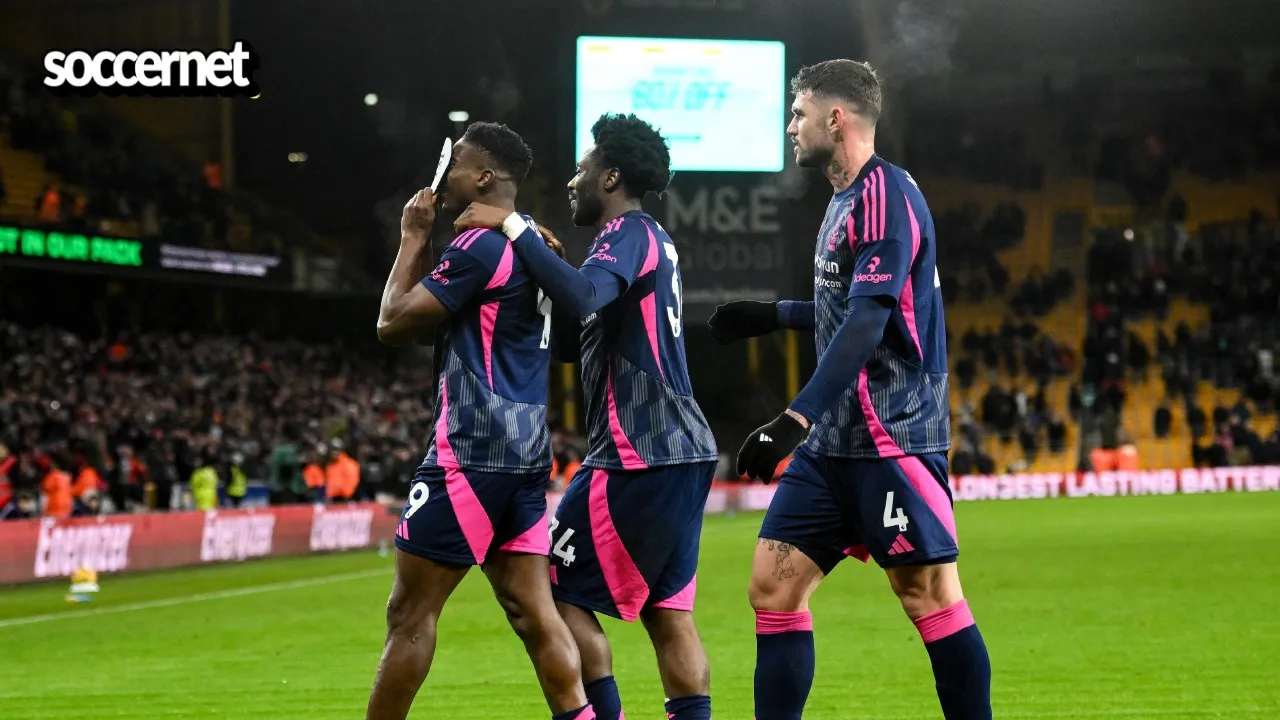 Ola Aina and Taiwo Awoniyi celebrate goal for Nottingham Forest