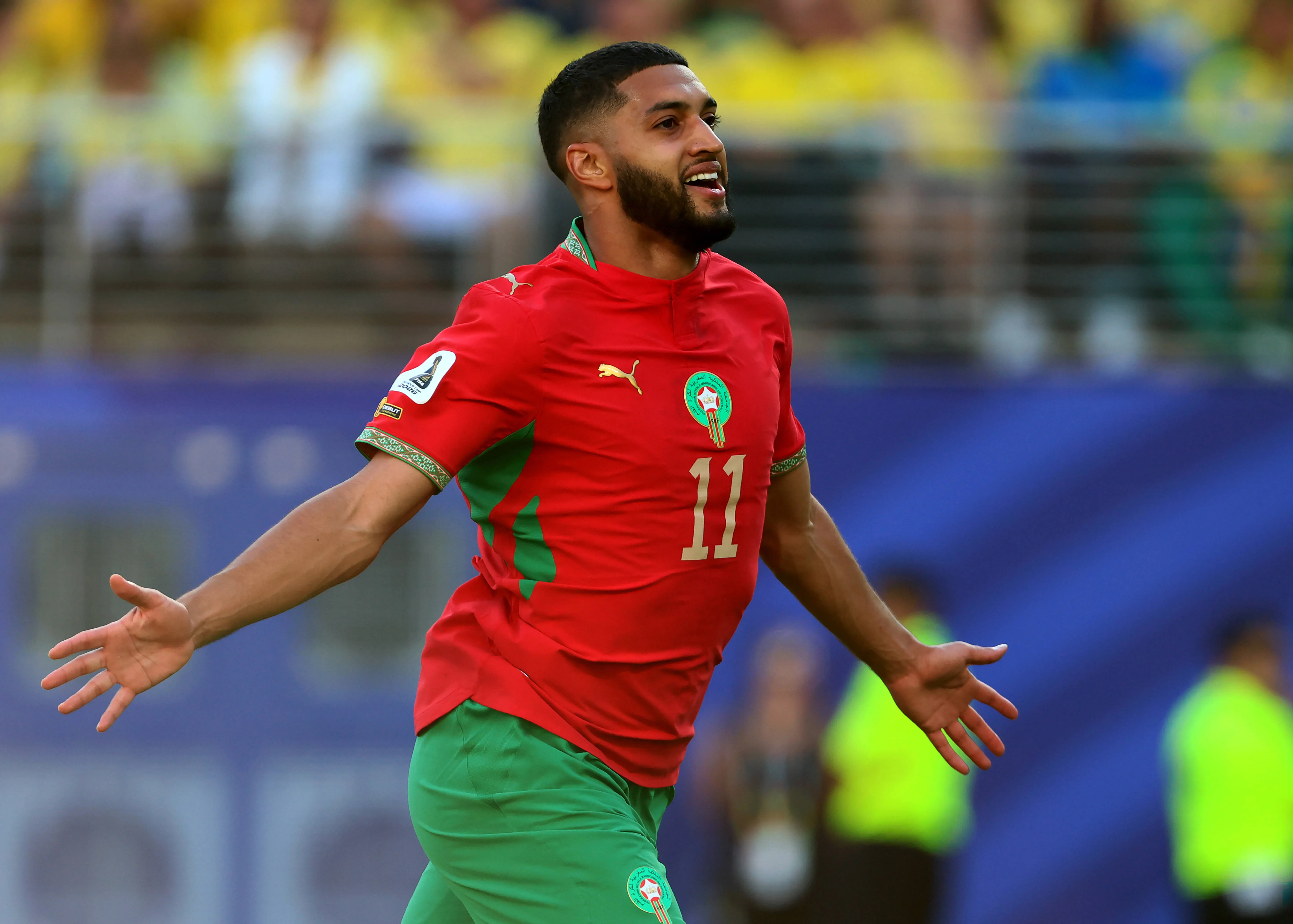 Ismael Saibari celebrates during the FIFA World Cup 2026 Group C match between Brazil and Morocco