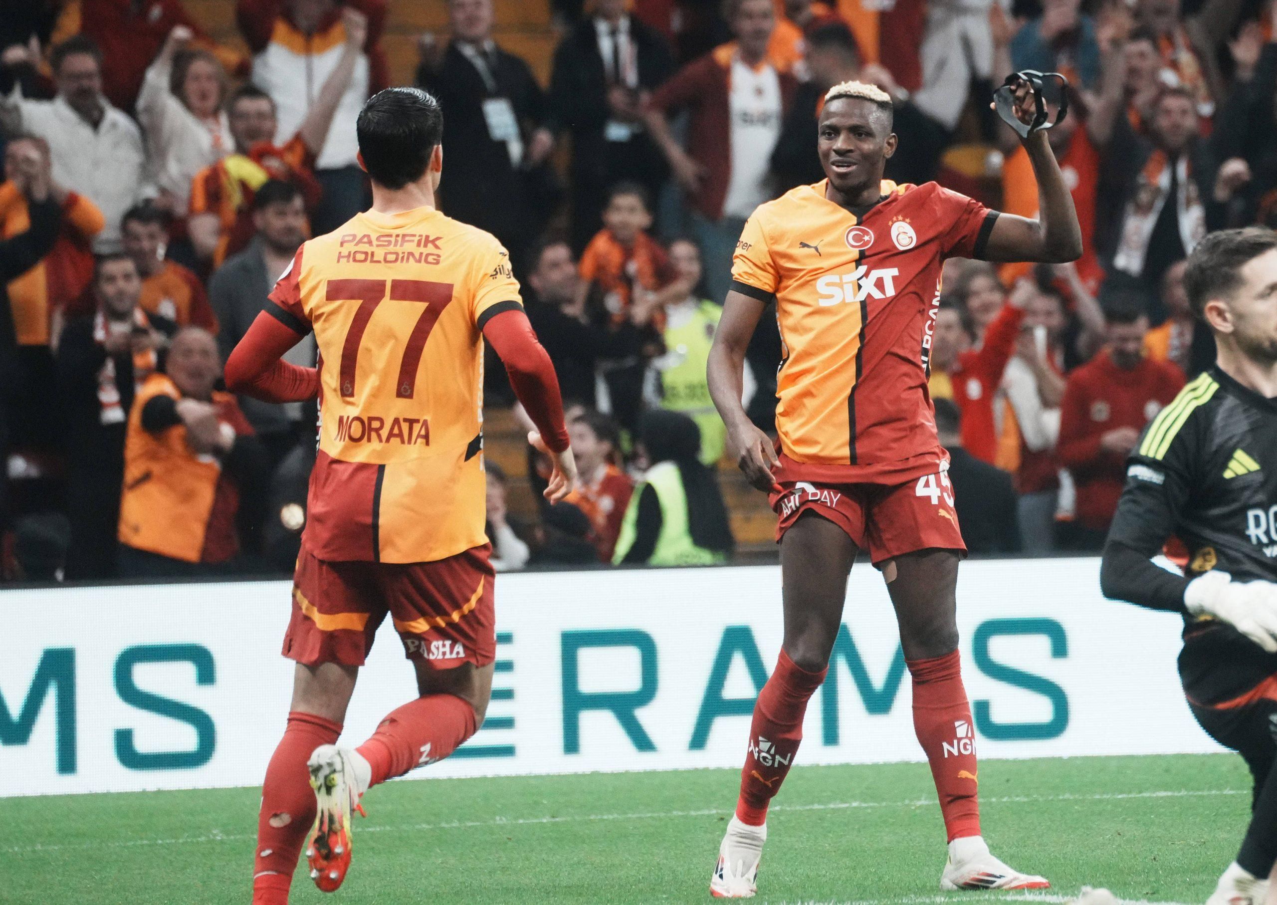 Victor Osimhen of Galatasaray celebrates after scoring the third goal of his team with Alvaro Morata 77 during the Turkish Super League match between Galatasaray and Antalyaspor