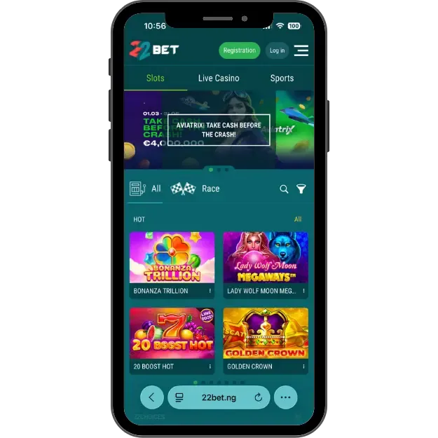 22Bet crypto casino homepage with HOT games, slots section and Live casino tab on top. 