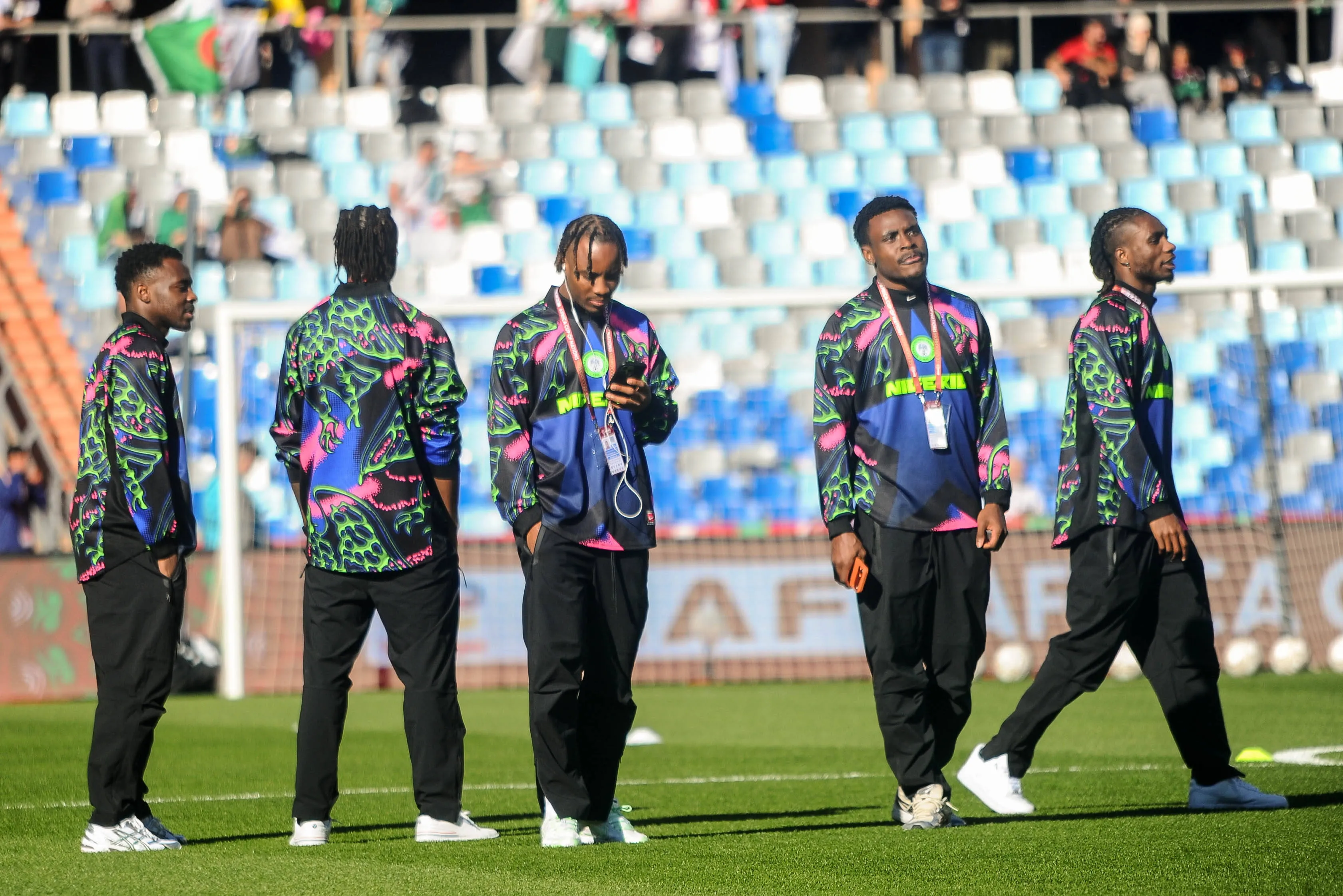 Igoh Ogbu, Bright Osayi Samuel, Bruno Onyemaechi, Oluwafisayo Dele Bashiru and Chidozie Awaziem during the Africa Cup of Nations AFCON match between Algeria and Nigeria at the Grand Stade on January 10th, 2026 in Marrakech, Morocco.