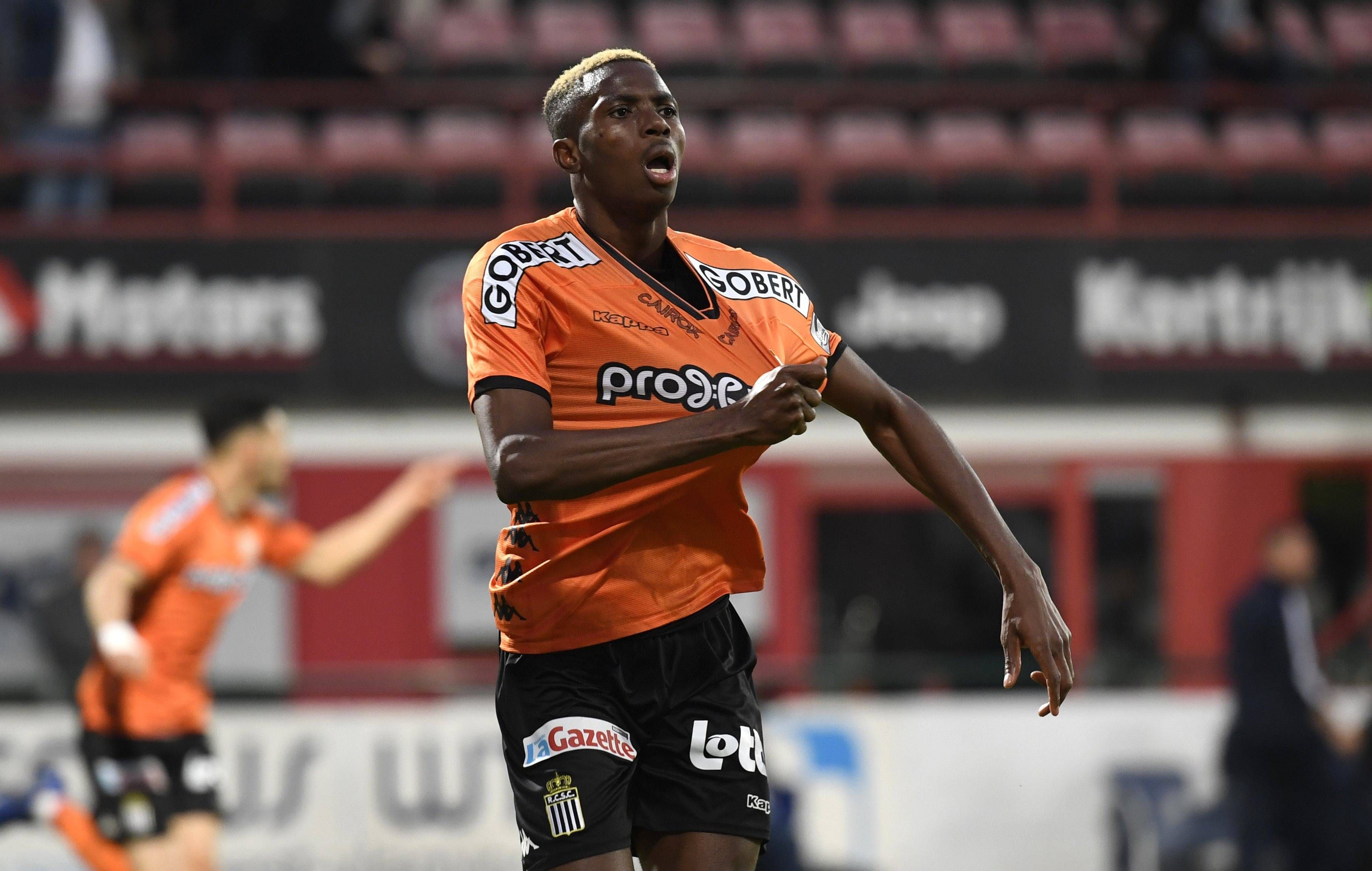 Victor Osimhen forward of Sporting Charleroi celebrates scoring a goal during the Jupiler Pro League match