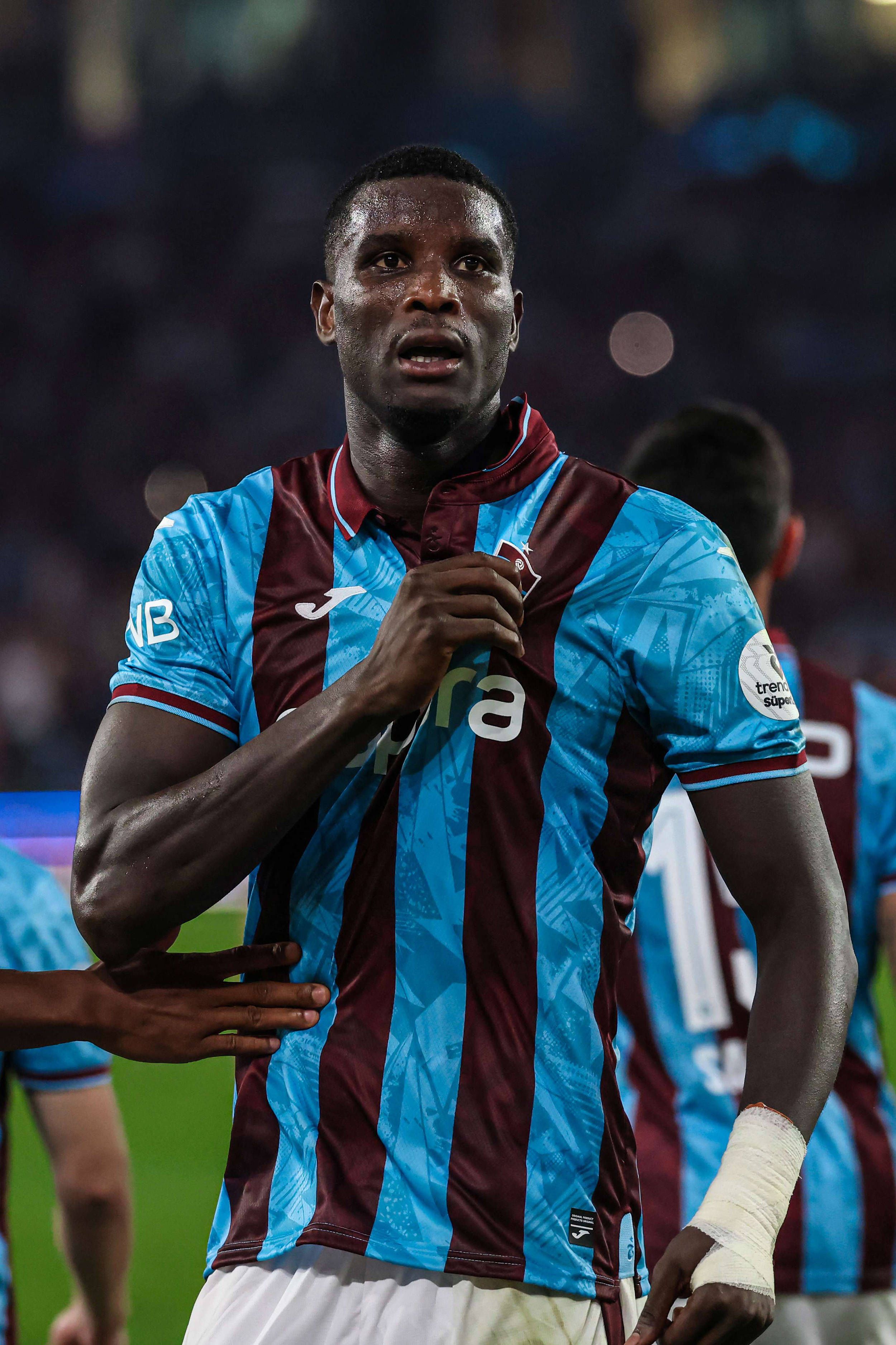 Paul Onuachu of Trabzonspor celebrates after scoring the first goal of his team during the Turkish Super League 2025/2026 season first week match between Trabzonspor and Kocaelispor at Papara Park stadium in Trabzon