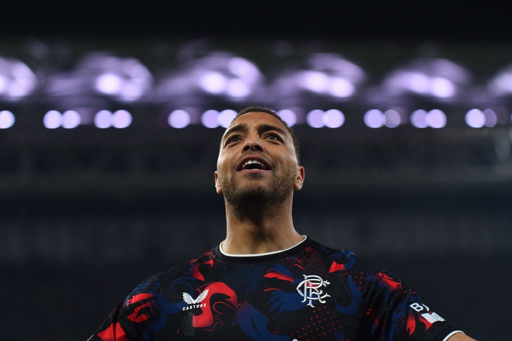 Cyriel Dessers celebrates after scoring the first goal of his team during the UEFA Europa League match between Fenerbahce SK and Rangers FC at Ulker Sukru Saracoglu Stadium