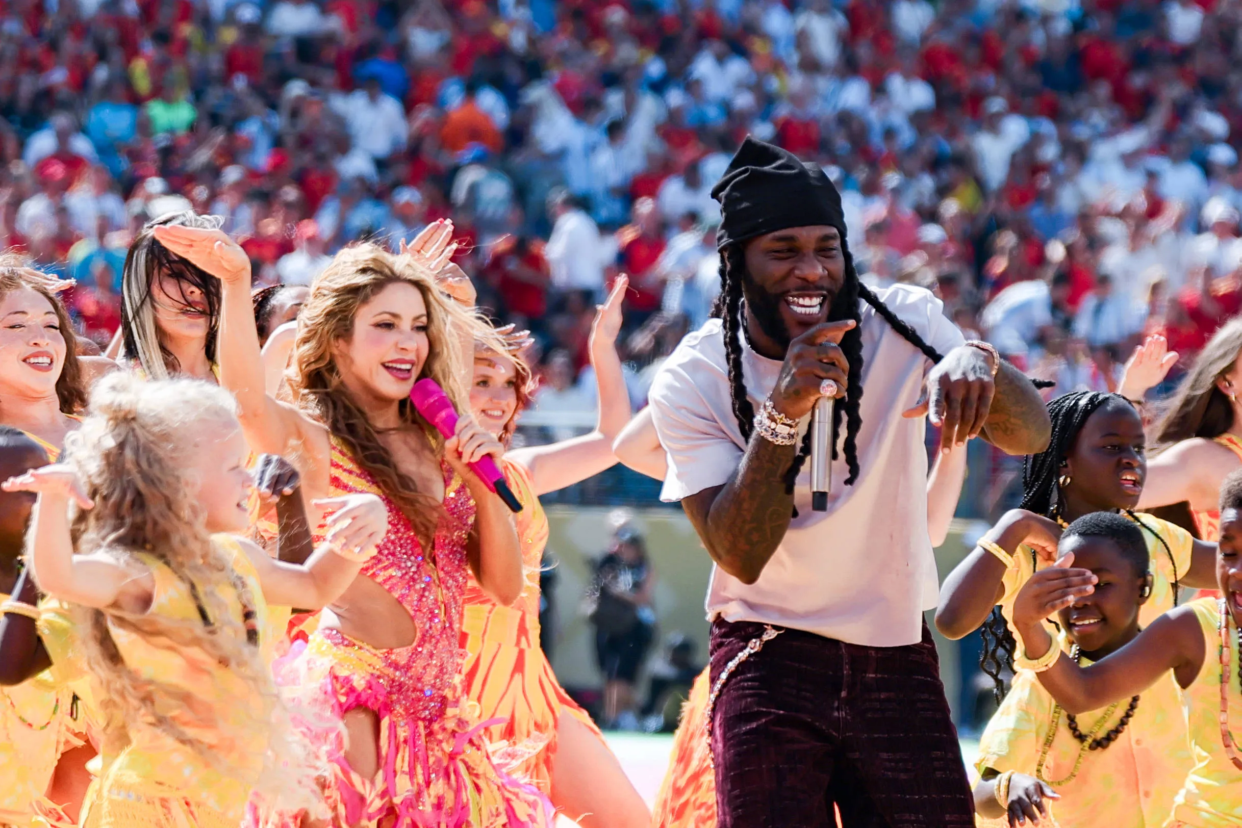 Shakira L and Burna Boy R perform during the during a FIFA Mens World Cup 2026 Final match between Spain and Argentina at New York New Jersey Stadium, in New Jersey on July 19th 2026. 