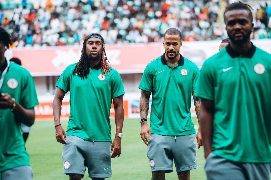 Chidozie Awaziem, William Troost-Ekong and Alex Iwobi prepare in warm-up ahead of Nigeria's 2026 FIFA World Cup qualifiers clash against Rwanda at the Godswill Akpabio International Stadium in Uyo