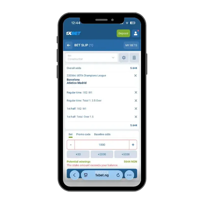 1xBet bet builder betting slip with combined odds and selections in a same match