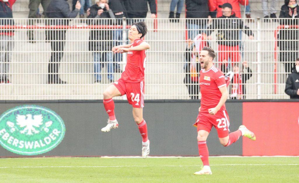 Genki Haraguchi celebrates scoring for Union Berlin against Mainz 05 on February 26. Photo by Lolade Adewuyi