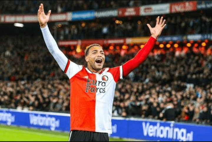 Cyriel Dessers celebrates scoring for Feyenoord
