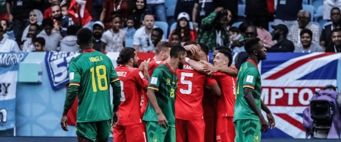 Switzerland celebrates their winning goal against Cameroon