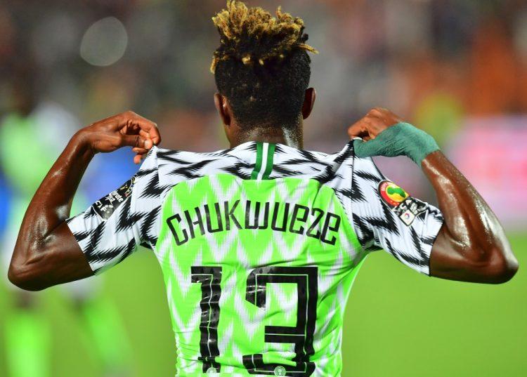 Nigeria's forward Samuel Chukwueze celebrates his goal during the 2019 Africa Cup of Nations (CAN) quarter final football match between Nigeria and South Africa at Cairo international stadium on July 9, 2019. (Photo by Giuseppe CACACE / AFP)