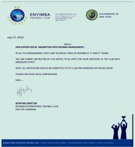 Nwankwo Kanu has asked Enyimba staff to re-apply for their jobs.