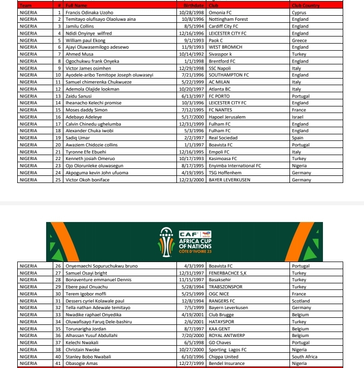 Nigeria's 40-man provisional AFCON squad