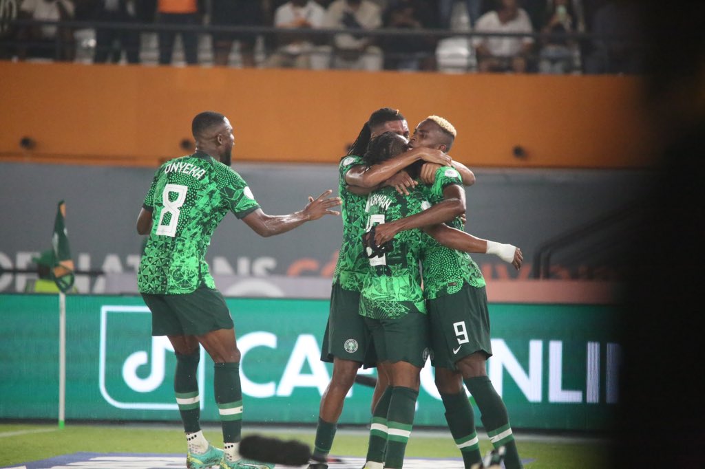 Nigeria's Super Eagles celebrating a goal at the 2023 AFCON 