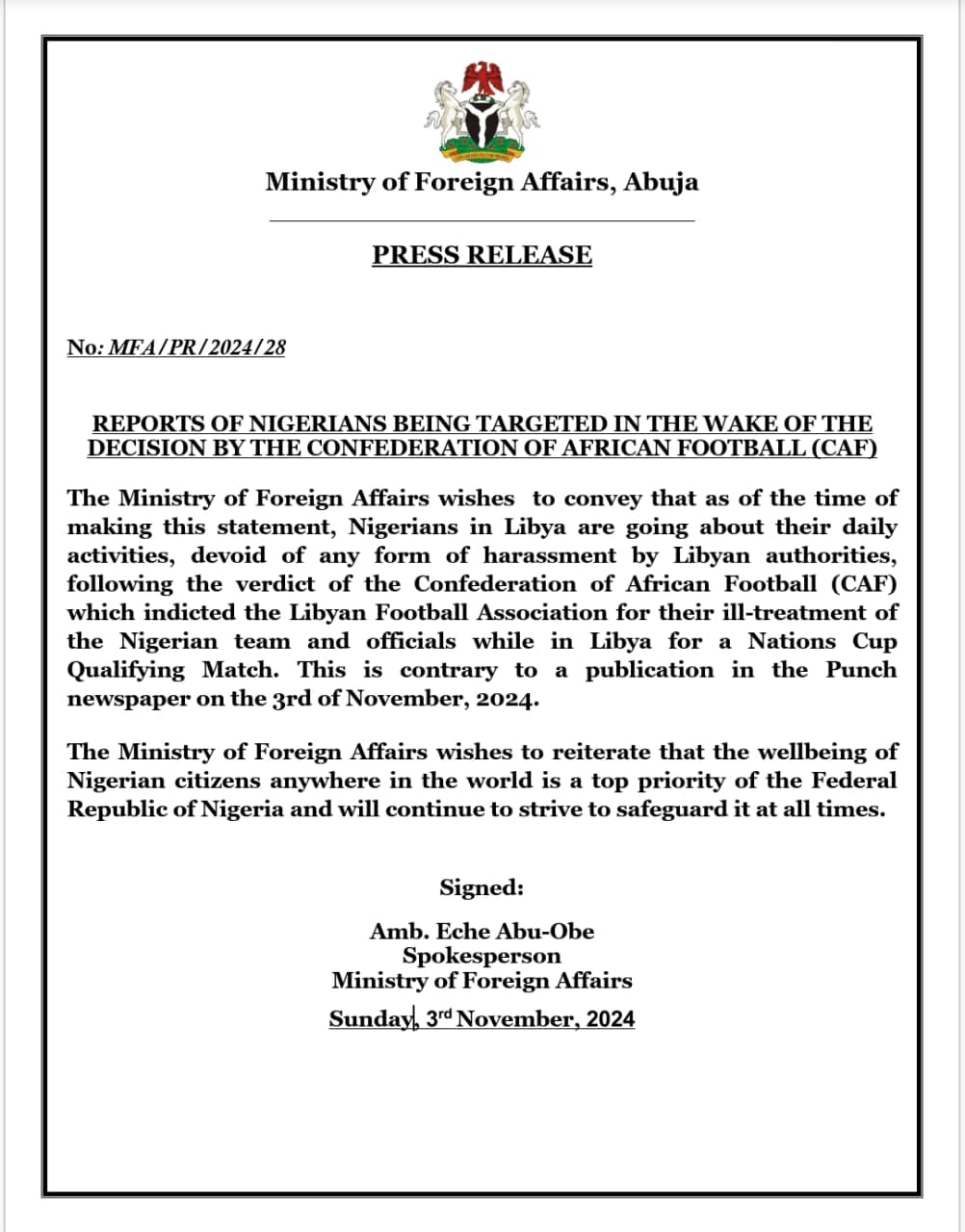 Ministry of Foreign Affairs' statement on Libya-Nigeria CAF rulling