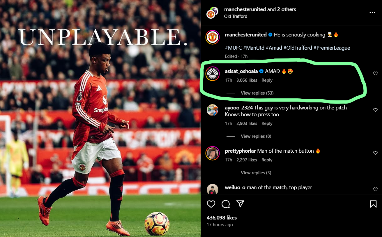 Asisat Oshoala reacts to Amad's performance vs Everton